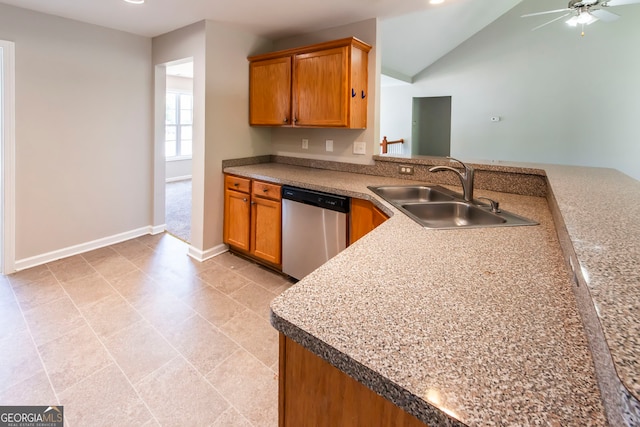 kitchen featuring sink, vaulted ceiling, stainless steel dishwasher, kitchen peninsula, and ceiling fan