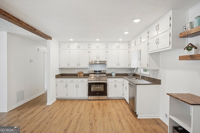 kitchen with white cabinets, stainless steel appliances, light hardwood / wood-style floors, and sink