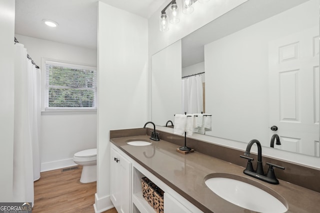 bathroom featuring toilet, vanity, and hardwood / wood-style flooring