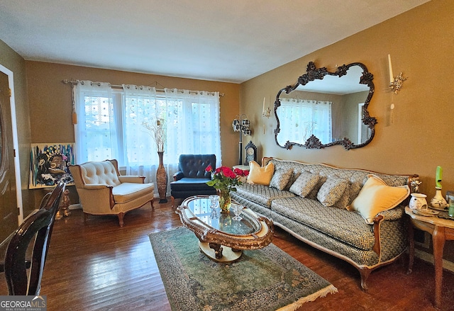 living room with dark wood-type flooring