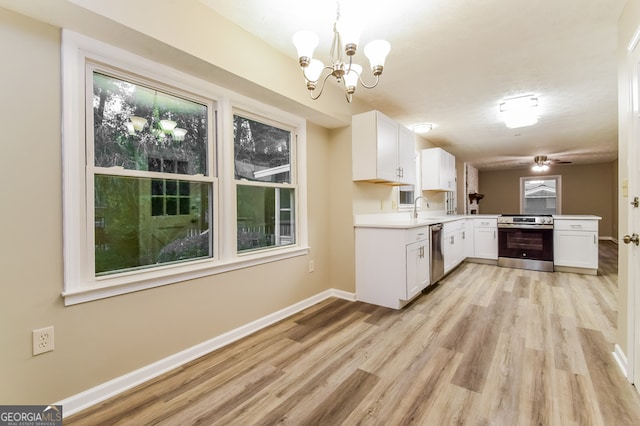 kitchen featuring stainless steel appliances, white cabinetry, sink, kitchen peninsula, and light hardwood / wood-style flooring