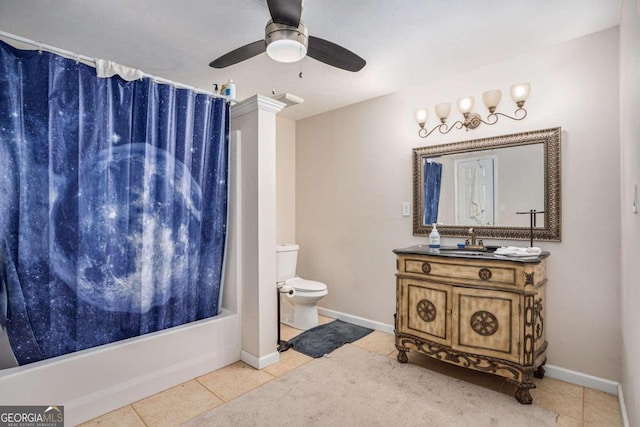 full bathroom featuring tile patterned flooring, ceiling fan, toilet, and shower / tub combo with curtain