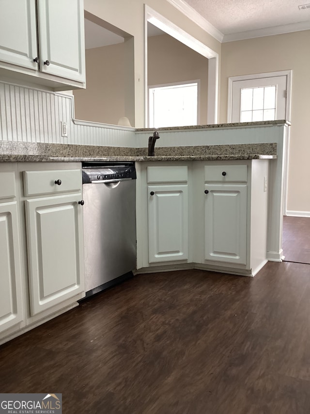 kitchen featuring dark wood-type flooring, light stone countertops, white cabinetry, and dishwasher