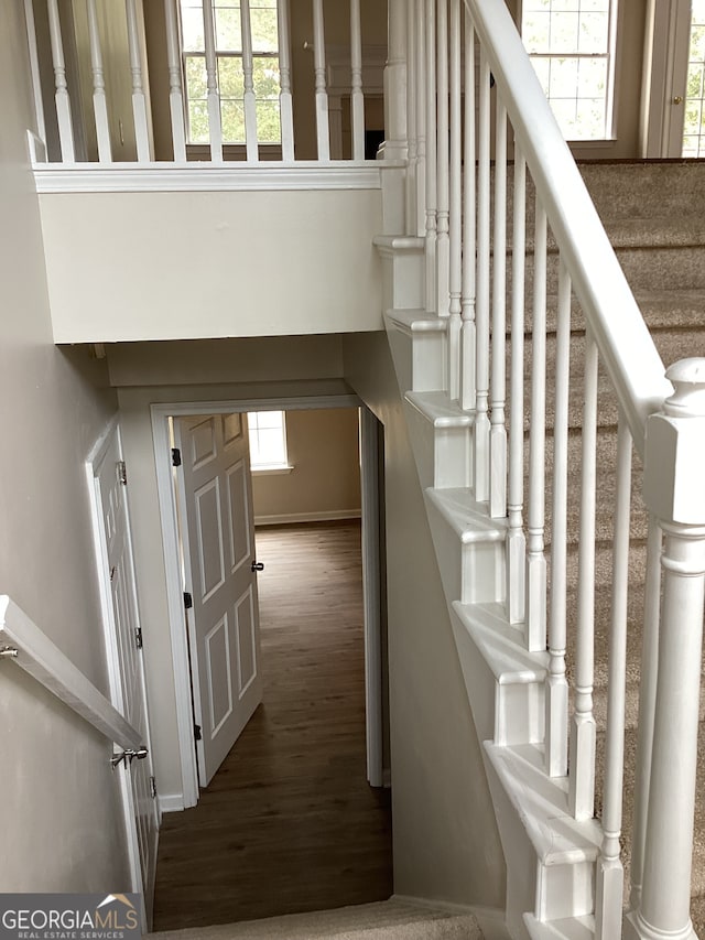 staircase with a wealth of natural light and hardwood / wood-style floors