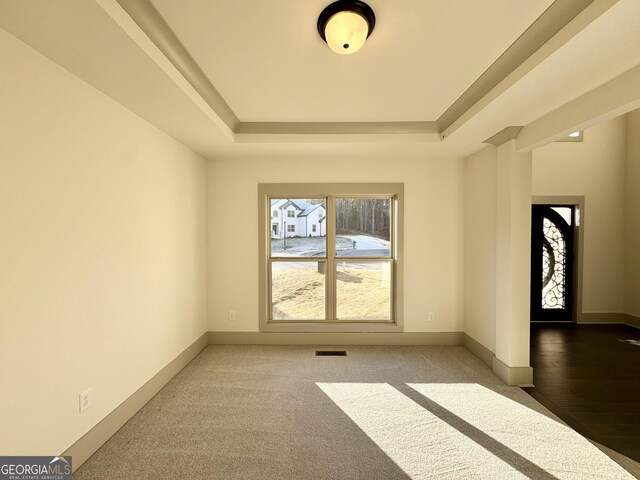 unfurnished room featuring a raised ceiling