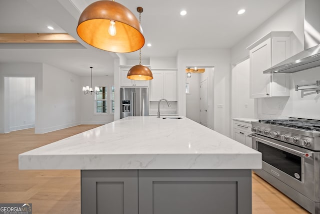 kitchen featuring stainless steel appliances, white cabinetry, pendant lighting, wall chimney exhaust hood, and a kitchen island with sink