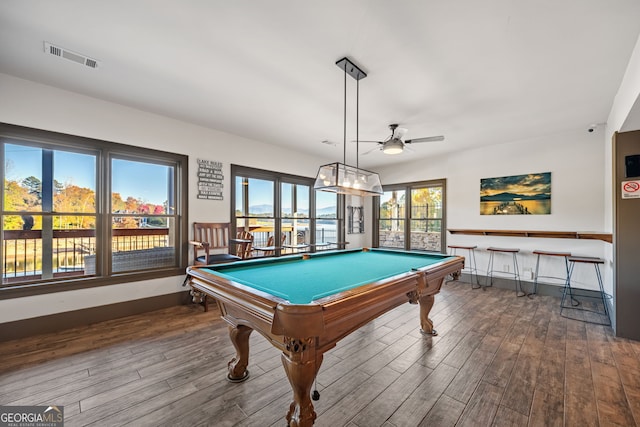 game room featuring ceiling fan, wood-type flooring, and billiards