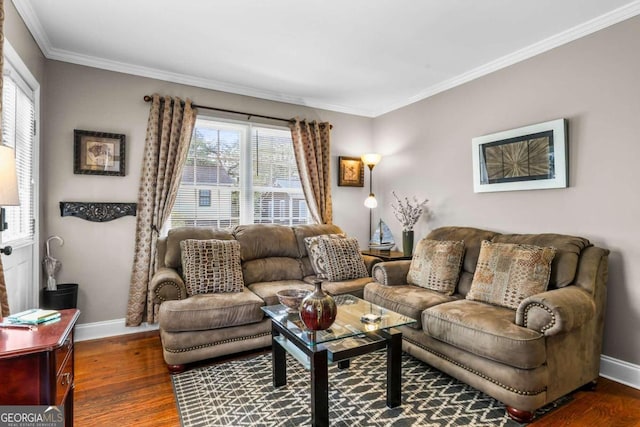 living room featuring dark hardwood / wood-style floors and crown molding