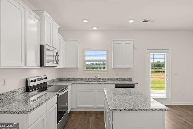 kitchen with dark hardwood / wood-style floors, white cabinets, appliances with stainless steel finishes, and sink