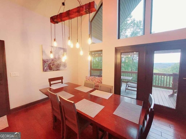 dining space featuring dark hardwood / wood-style floors and a high ceiling