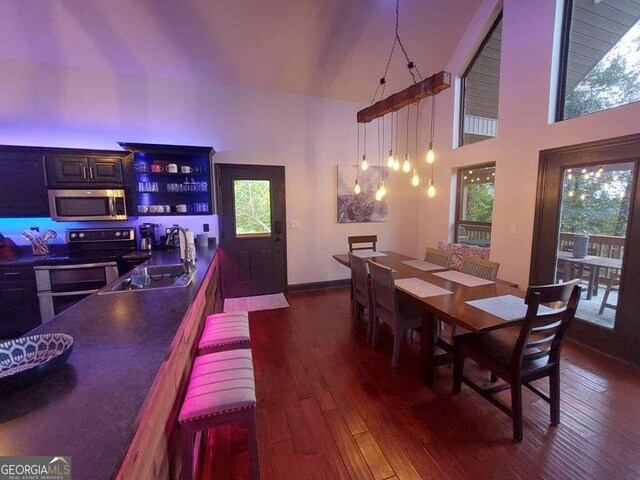 dining room featuring high vaulted ceiling, dark hardwood / wood-style flooring, and sink