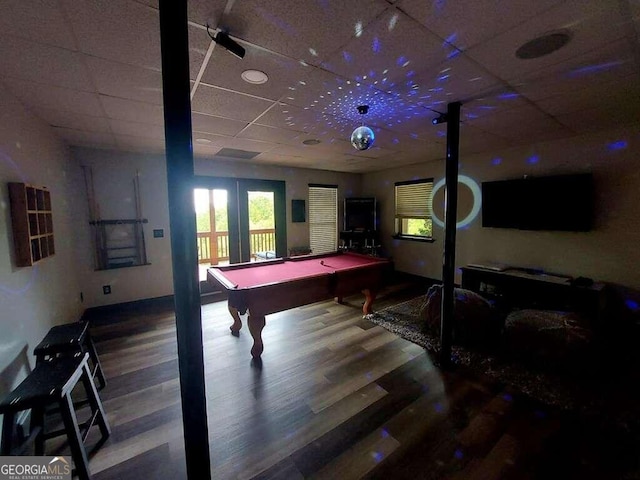 recreation room with hardwood / wood-style floors, billiards, french doors, and a drop ceiling