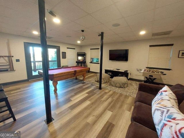 rec room featuring pool table, wood-type flooring, and a paneled ceiling