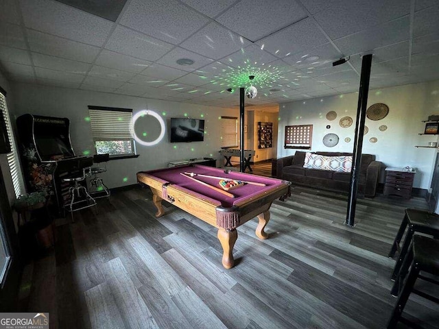 game room featuring a drop ceiling, wood-type flooring, and billiards