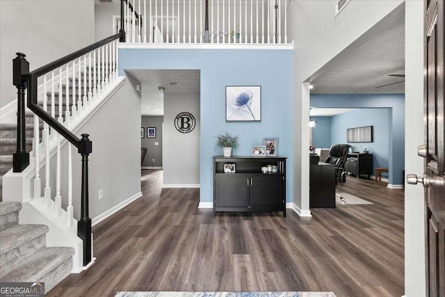 foyer entrance with a high ceiling and dark hardwood / wood-style floors