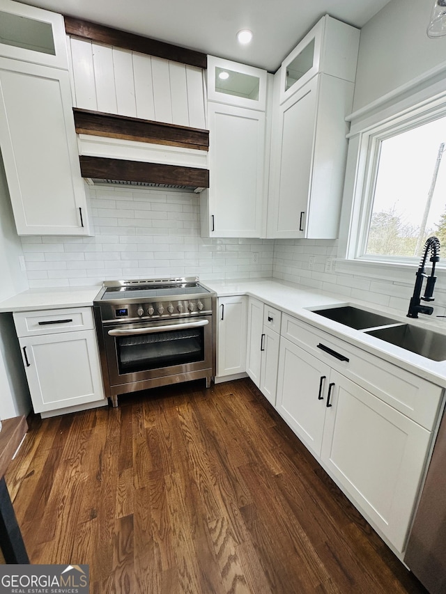 kitchen featuring dark wood-style floors, stainless steel range with electric cooktop, a sink, and premium range hood