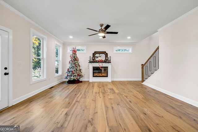 interior space featuring ceiling fan, ornamental molding, and light hardwood / wood-style flooring