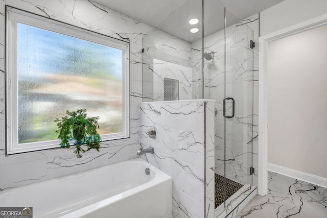 bathroom featuring plus walk in shower