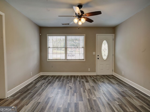 entrance foyer with ceiling fan and dark hardwood / wood-style floors