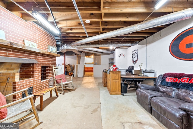 basement with brick wall