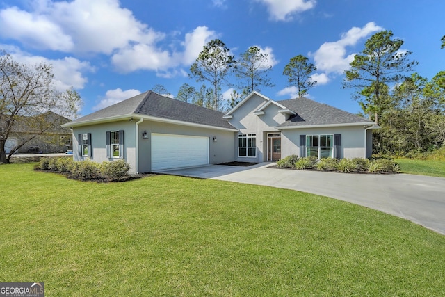 single story home with a garage and a front yard