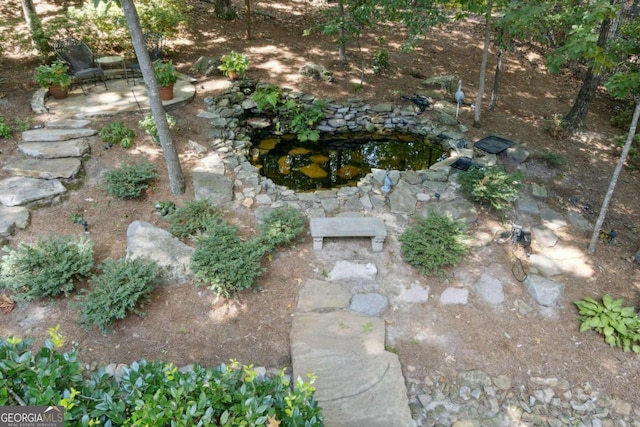 view of yard featuring a patio area and a small pond