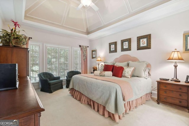 bedroom with light carpet, coffered ceiling, a ceiling fan, and ornamental molding