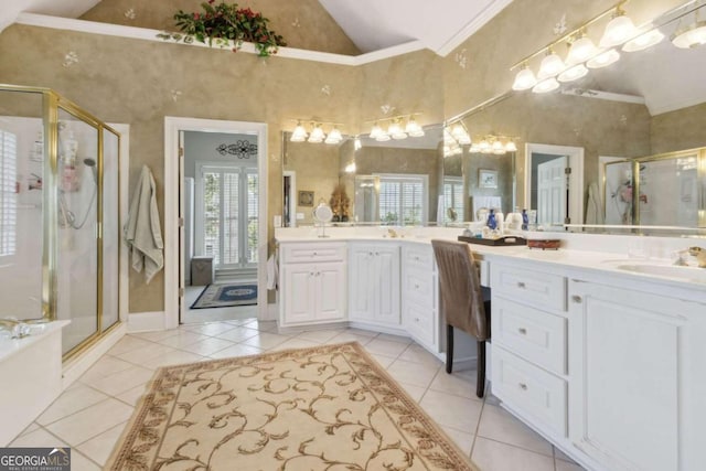 full bathroom with tile patterned floors and a stall shower