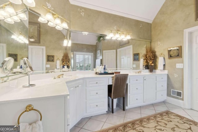 bathroom with vanity, tile patterned floors, visible vents, and high vaulted ceiling