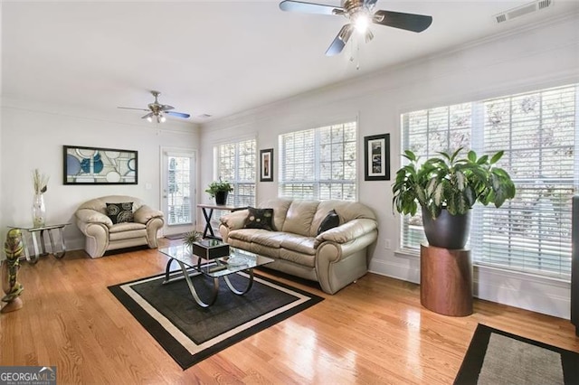 living room featuring light hardwood / wood-style floors and crown molding