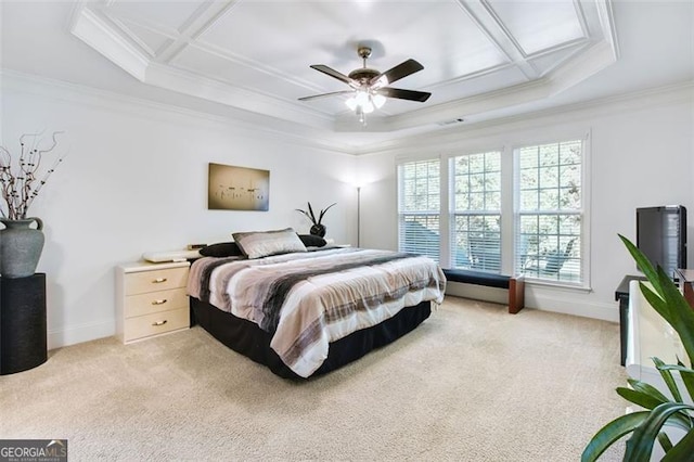 bedroom with coffered ceiling, light colored carpet, ceiling fan, and crown molding