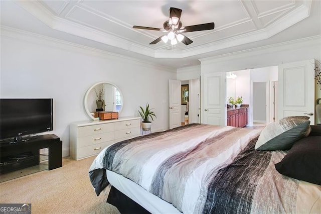 bedroom with ornamental molding, light colored carpet, and ceiling fan