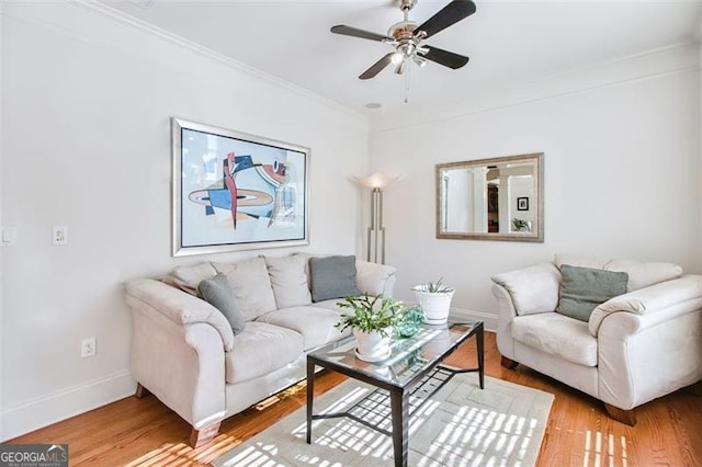 living room with hardwood / wood-style floors, ceiling fan, and crown molding