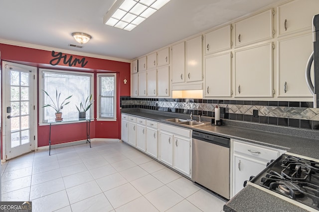 kitchen with sink, crown molding, backsplash, dishwasher, and white cabinets