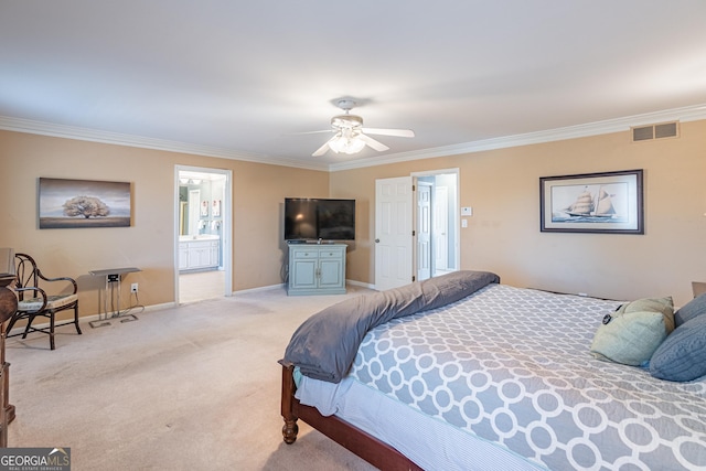 carpeted bedroom featuring ensuite bath, ornamental molding, and ceiling fan