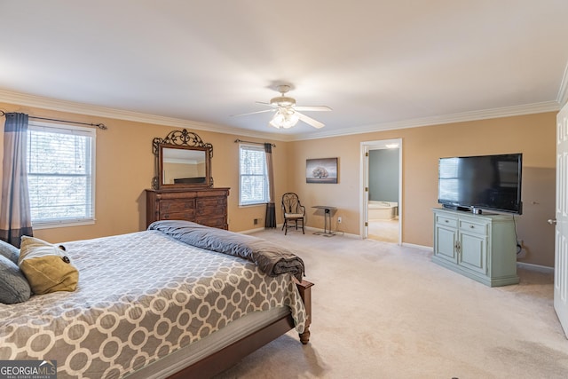 carpeted bedroom featuring ceiling fan, ornamental molding, connected bathroom, and multiple windows