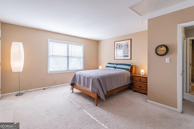 bedroom featuring light colored carpet