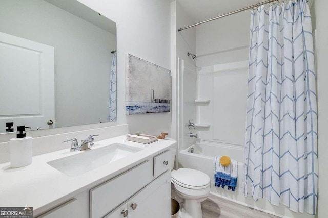 full bathroom with shower / bath combination with curtain, vanity, toilet, and wood-type flooring