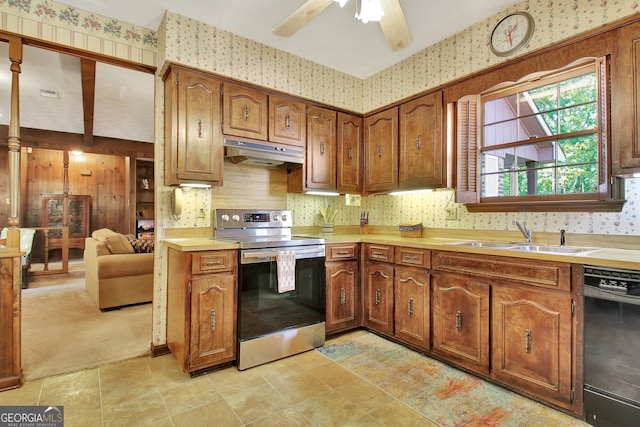 kitchen with stainless steel range with electric cooktop, light carpet, sink, dishwasher, and ceiling fan