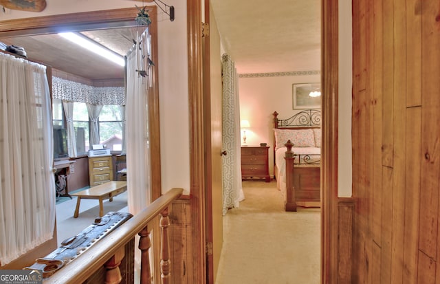 hallway featuring wood walls and light colored carpet