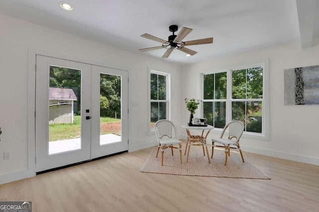 sunroom / solarium with french doors and ceiling fan