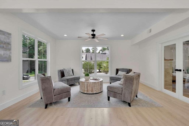 living room featuring french doors, light wood-type flooring, and a healthy amount of sunlight