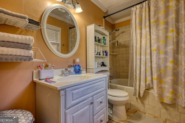 full bathroom with shower / bath combo, tile patterned floors, crown molding, toilet, and vanity