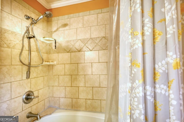 bathroom with shower / bath combination with curtain and ornamental molding