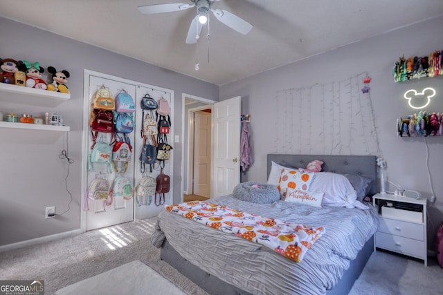 carpeted bedroom featuring ceiling fan