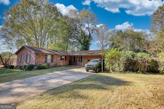 single story home featuring a front yard and a carport