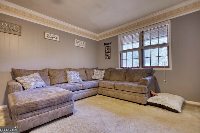 living room with carpet floors and ornamental molding