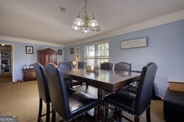 carpeted dining area featuring a textured ceiling, crown molding, and a notable chandelier