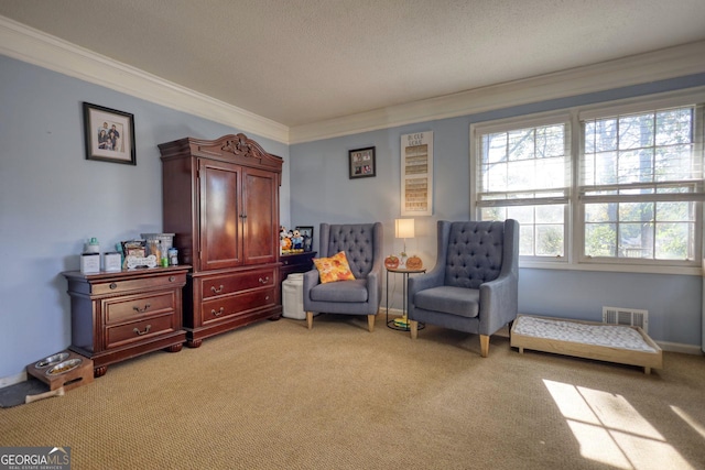 living area with a textured ceiling, light colored carpet, and crown molding