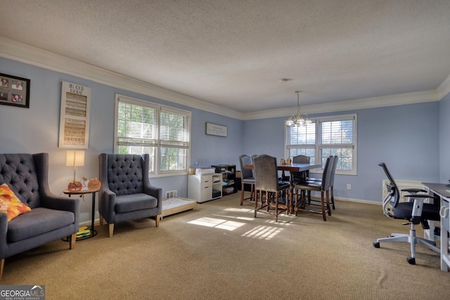 dining room featuring a chandelier, crown molding, a healthy amount of sunlight, and light carpet